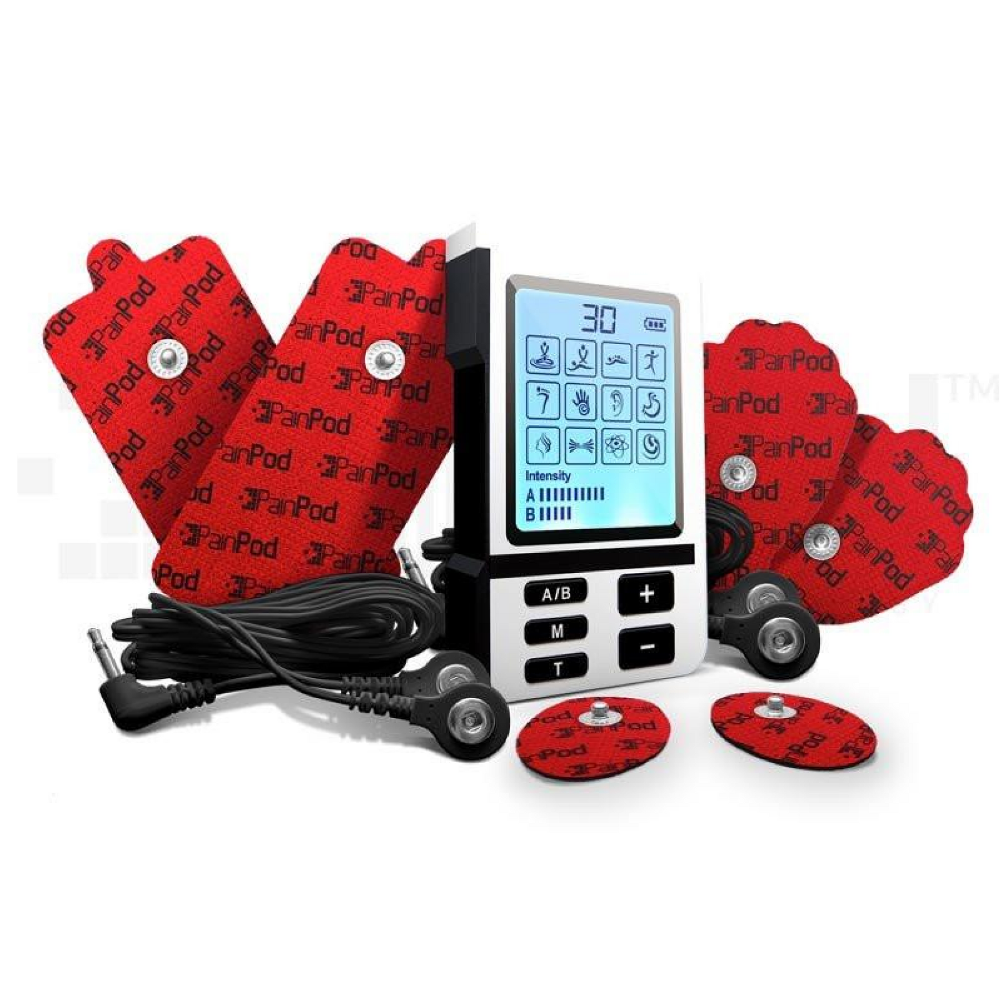 PainPod™-3 with its package content, large pads, medium pads, electrode wires